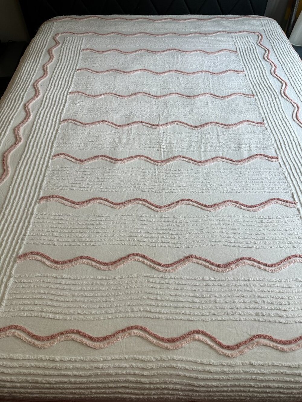 Vintage Chenille Bedspread White Pink Cover 100” x 71"